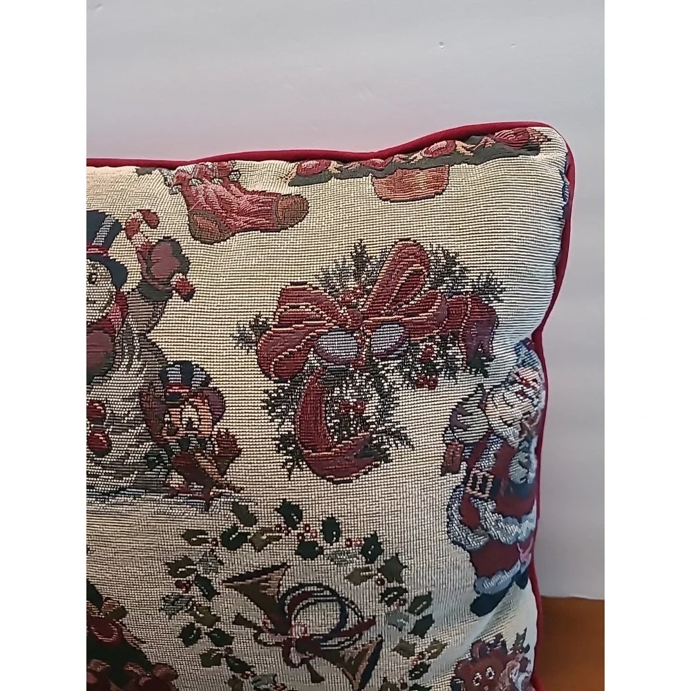 VTG Embroidered Christmas Tapestry Pillow 15x15‎ Snowman Santa Christmas Tree